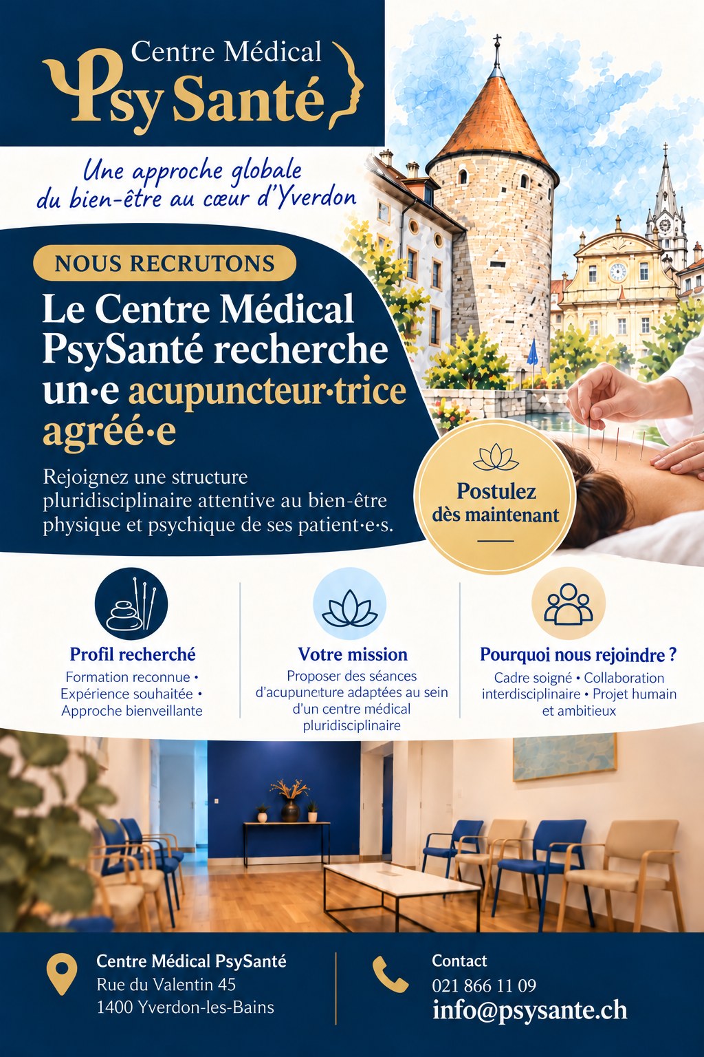 Warm office in a multidisciplinary medical center with a human scale, neat and welcoming